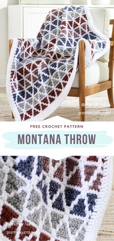 a crocheted afghan is shown with the text, free crochet pattern montana throw