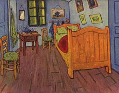 a drawing of a bedroom with blue walls and wooden floors, painted in bright colors