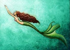 a painting of a mermaid swimming in the ocean with her long hair blowing in the wind