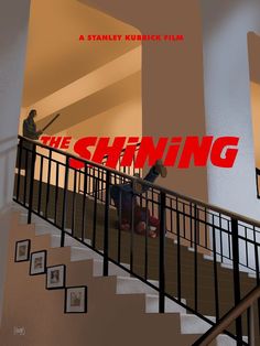 the shining movie poster with two people walking up stairs and another person sitting on a stair case