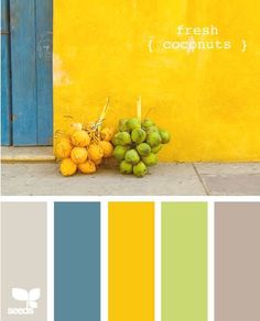 the color scheme is yellow, green and blue with some fruit in front of it