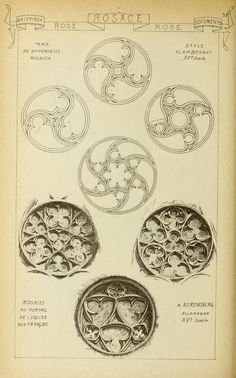 an old book with four circular designs on the page and two smaller circles in the middle