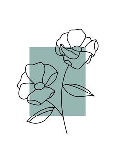 a line drawing of three flowers on a blue and green background with the words,