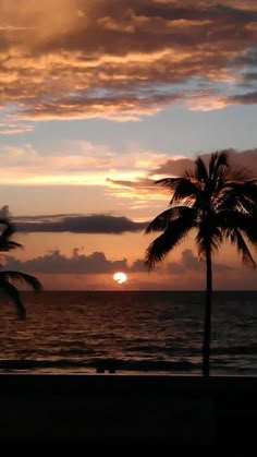 the sun is setting over the ocean with two palm trees in front of it and some clouds