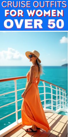 a woman in an orange dress and hat standing on the deck of a cruise ship