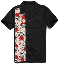 Retro Bowling Shirts, Mens Bowling Shirts, 1950s Rockabilly, Rockabilly Shirts, Punk Shirt, Rose Skull, Male Clothing, Patchwork Shirt, Rockabilly Style