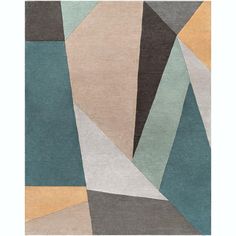 an abstract rug with various colors and shapes on it's sides, including blue, beige