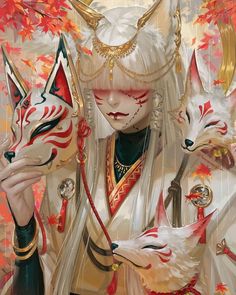 a woman with white hair and makeup holding two foxes