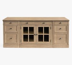 the sideboard is made out of wood and has glass doors on both sides,