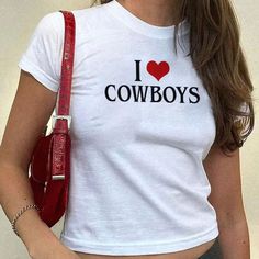 🤠 I Love Cowboys Baby Tee 🤠  I Love Cowboys Baby Tee | J'Adore Cowboys Top | 00s Women's T-Shirt | Y2K Retro Style | Aesthetic Top | I heart Cowboys | Y2K Cute Shirt | Vintage Tshirt | Coquette Y2K Fitted Tshirt ✨ FABRIC CONTENT Made with 100% US cotton ✨ SIZING The fit with a classic crew neck is supposed to be a bit longer than a crop top. If you want a true tight baby tee fit, you might want to size down, based on feedback from some of our customers. If you prefer a more relaxed vibe or don I Heart Cowboys, I Love Cowboys, Gothic Crop Tops, 2000s Tops, Country Girl Shirts, Cowboy Baby, Cool Baby, Baby Cowboy, Retro Mode