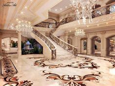 an elaborately decorated foyer with chandelier and marble flooring is pictured in this rendering