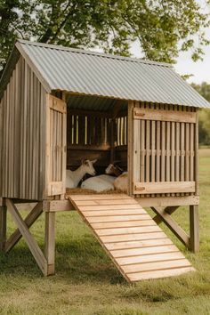 two goats in a small wooden structure on the grass