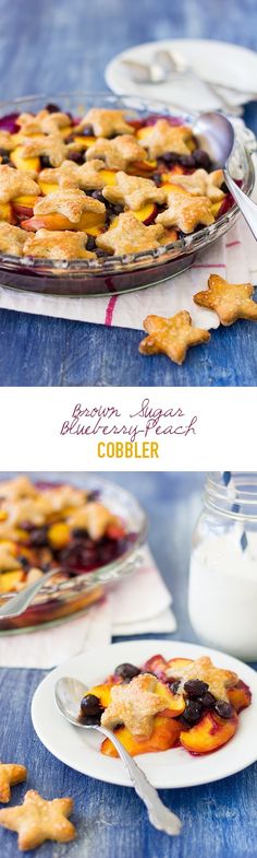 two pictures of blueberry cobbler on plates with spoons and glass jar in background