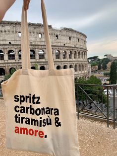 a tote bag with the words'spiritz carbonara, tiamiu & amore'printed on it