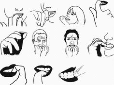 various facial expressions drawn in black and white on a white background, including hands holding their mouths open