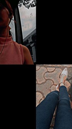 two pictures of a woman with headphones in her ears, and another photo of the same person's feet