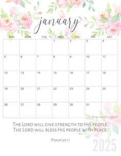 the calendar for january with watercolor flowers and bible verses on it, which is also