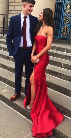 Couple Prom, Prom Dresses Mermaid, Strapless Prom Dresses, Red Evening Dress, Dresses Mermaid, Prom Photos, Maroon Dress, Long Prom Dresses, Red Prom