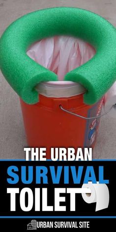 the urban survival toilet is made out of an old trash can and has a green cover over it