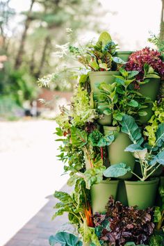 a tall tower of green pots filled with different types of leaves and plants on a brick walkway