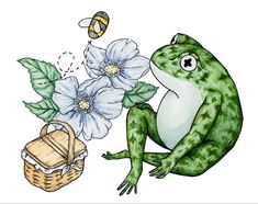 a green frog sitting next to a basket with flowers and a bee on it's back