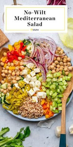 a plate full of vegetables and chickpeas with the title overlay reads no will mediterranean salad