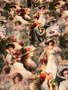 an image of many women in hats and dresses with flowers on them, as well as roses