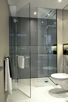 black and white photograph of a bathroom with glass walls