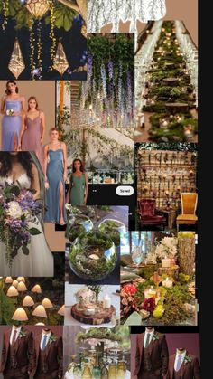 the collage shows many different types of wedding decorations and flowers, including chandeliers