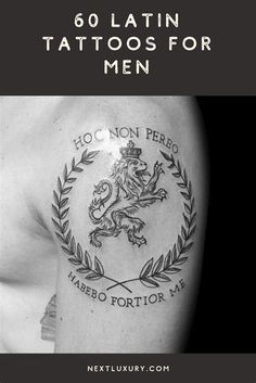 a man's arm with the words 50 latin tattoos for men