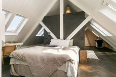 an attic bedroom with slanted ceilings and white bedding on the wood flooring