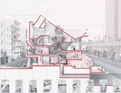 an architectural drawing of a house with red lines on the floor and in the ceiling