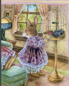 a painting of a rabbit in a dress looking at a birdcage