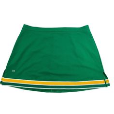 Large Enough For A Man But Made For A Woman! Kelly Green / Gold And White Cheerleader Skirt New Company Sample Kelly Green / Gold And White Cheer Skirts Variety Of Sizes! Professionally Made By Starzone! The Kelly Green Skirt Is An A-Line Style With No Pleats. It Has Green / Gold And White Colored Banding Running All The Way Around The Bottom. It Buttons And Zips In The Back. This Is A New Authentic Cheerleader Uniform Skirt Made As Company Samples. The Skirt Has The Waist Size Of "38" Stitched Fitted Green Skirt For Sports, Sporty Green Mini Skirt For Sports, Green Sports Skirt For Spring, Green Mini Skirt For Sports, Fitted Green Cotton Tennis Skirt, Casual Green Sports Skirt, Sporty Green Mini Skirt For Spring, Sporty Green Stretch Mini Skirt, Sporty Green Lined Skirt