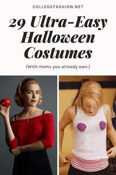 two pictures of women in halloween costumes with text overlay that reads, 29 ultra - easy halloween costumes with items you already own