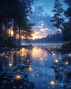 a lake filled with lots of water lilies and lit candles floating on top of it