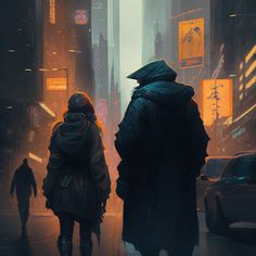 two people walking down a city street in the rain, with cars and buildings behind them