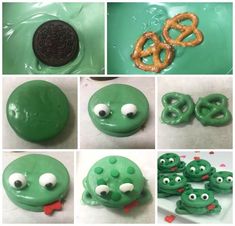 there are many pictures of green cookies with googly eyes and pretzels on them