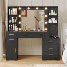 a vanity with lights on it in a bedroom