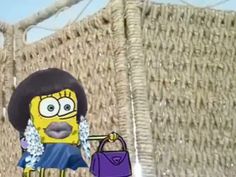 a cartoon character holding a purple bag in front of a wicker wall with the caption's name on it