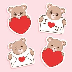 four stickers with teddy bears holding hearts and envelopes, one has i love you written on it