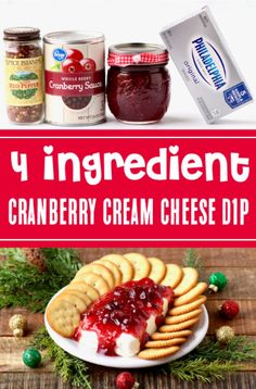 the ingredients for cranberry cream cheese dip on a plate with crackers and jam