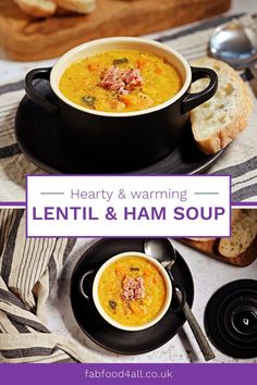 two bowls of hearty and warming lentil and ham soup with bread on the side