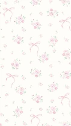 a white background with pink flowers and ribbons