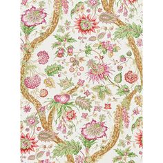 a white and pink floral wallpaper with gold trim on the bottom half of it