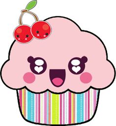 a pink cupcake with two cherries on it's top and one cherry on its head