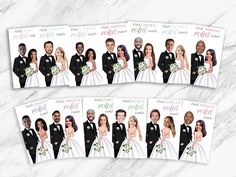 two wedding cards with photos of the bride and grooms in tuxedos on them