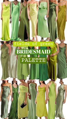 the bridesmaid's dresses are all different colors and sizes, including green