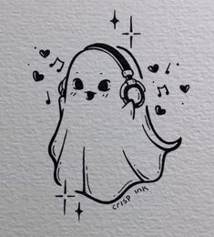 a drawing of a ghost with headphones and music notes on it's ear