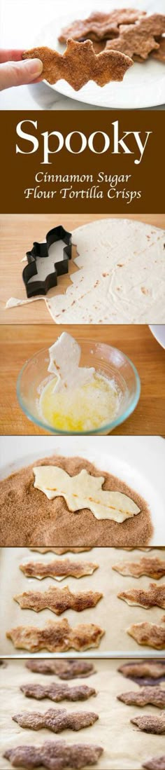 the process for making spooky cinnamon sugar tartilla crispes is shown